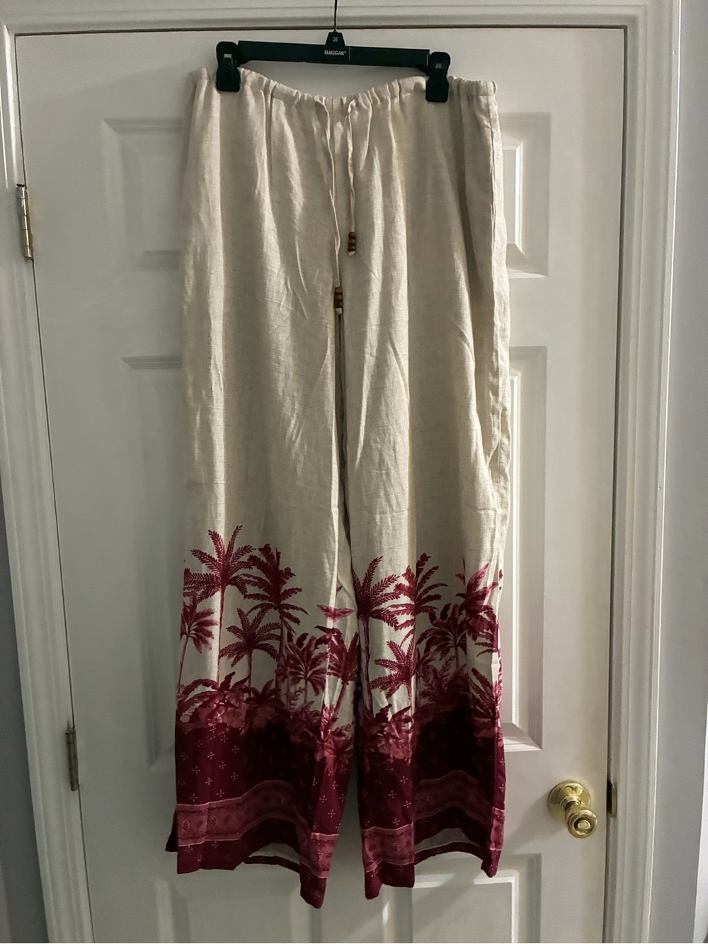 House of Harlow 1960 Cream Wide Leg Pants with Burgundy Palm Border